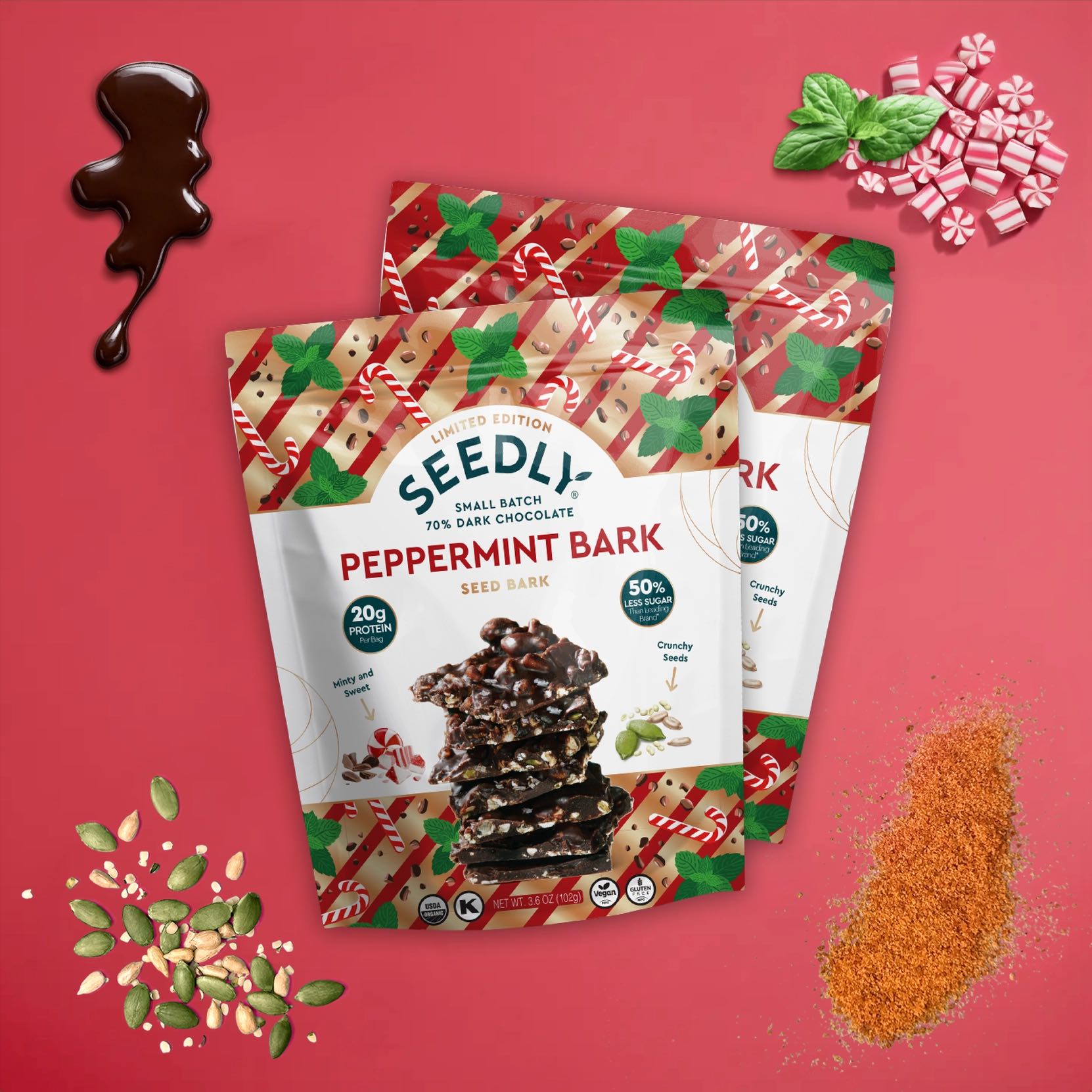 SEEDLY, Peppermint, Dark Chocolate Bark, 3.6 Oz. (Lmt Ed.)
