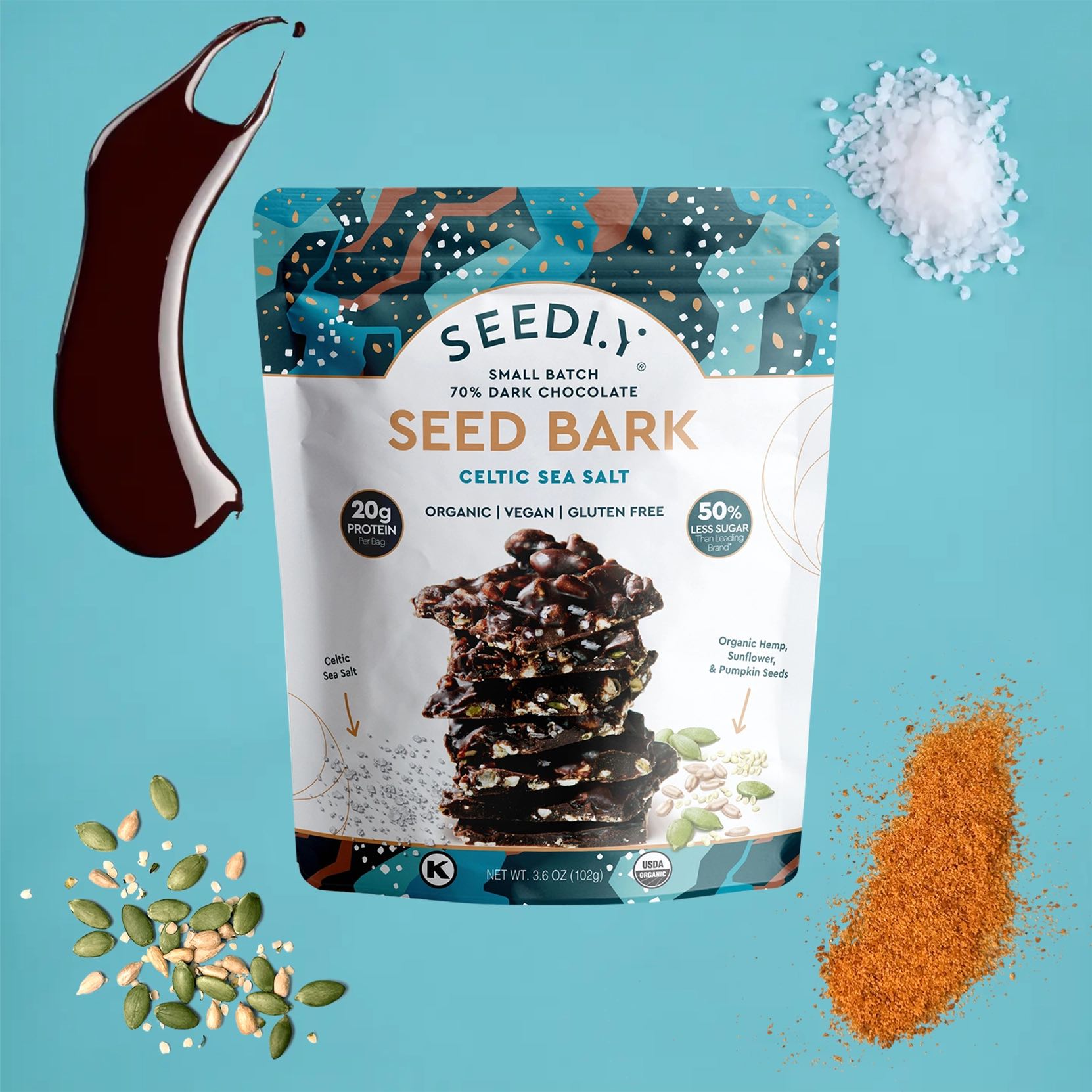 SEEDLY, Celtic Sea Salt, Dark Chocolate Bark, 3.6 Oz.